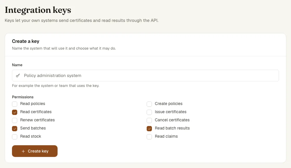 The Integration keys page with the form to create a key and its permissions