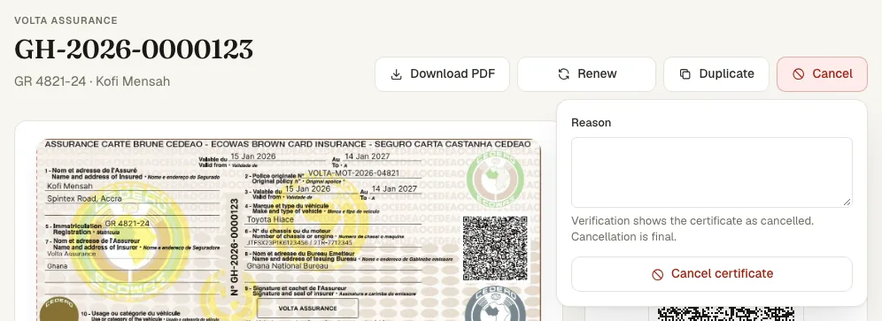 A certificate’s actions with the reason box of the Cancel action open