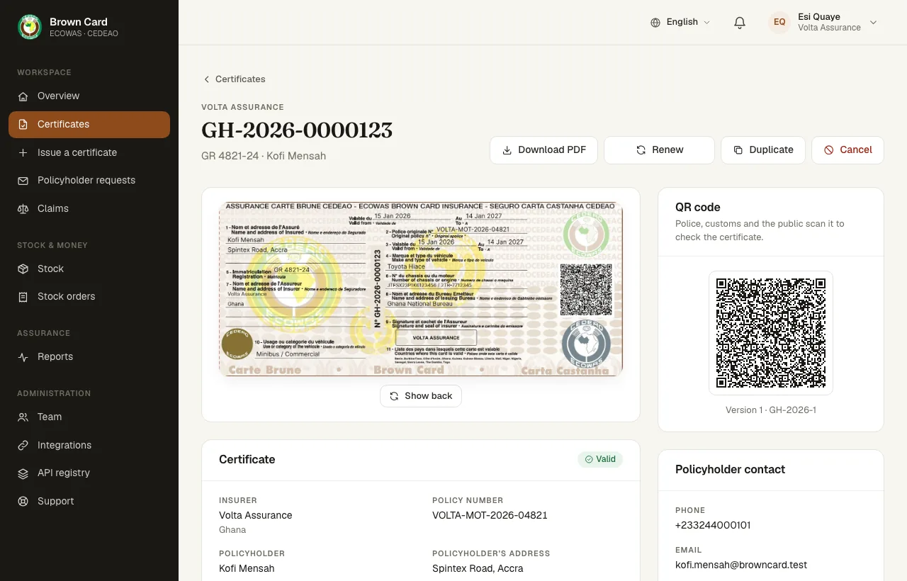 A certificate’s page with the card, its details, the QR code and the actions