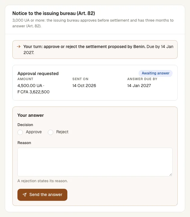 The issuing bureau’s answer form with approve and reject choices