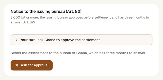 The notice card with the waiting-for line and the Ask for approval button