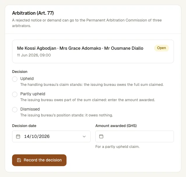 The arbitration card with the three arbitrators and the decision form