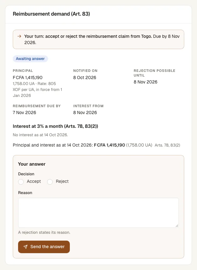 The reimbursement demand card with the issuing bureau’s answer form and the date to reject by