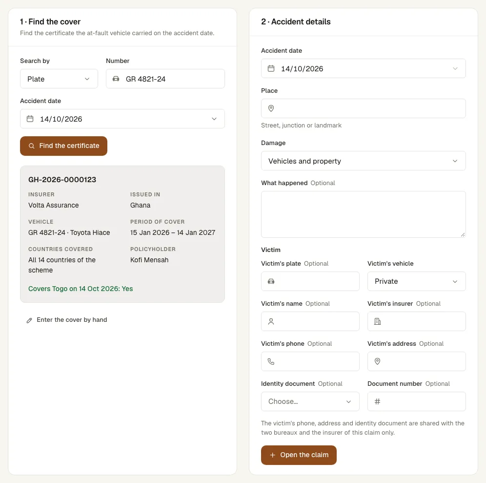 Opening a claim: the certificate found for the plate and the accident details