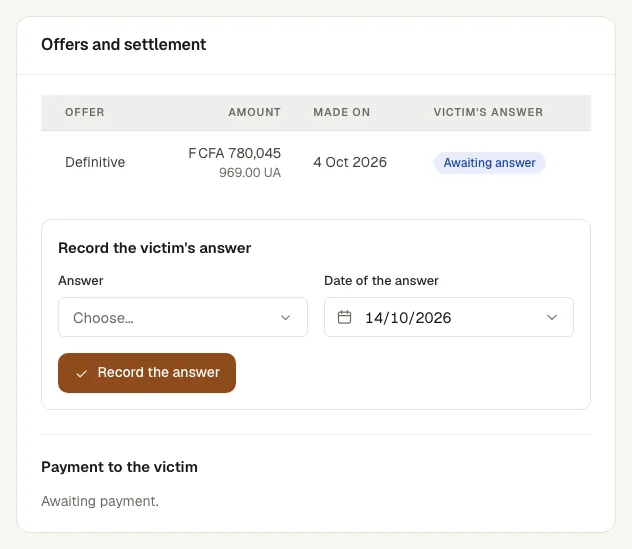 The offers card with an offer made and the form to record the victim’s answer