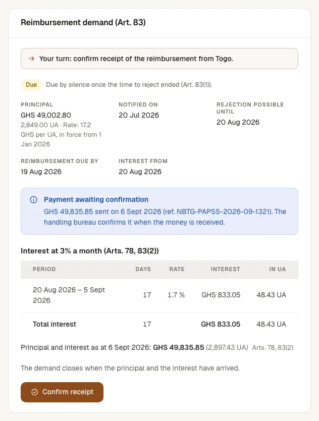 A declared reimbursement waiting for the handling bureau to confirm receipt