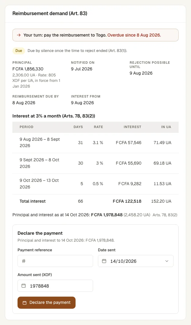 The demand card with the interest table and the Declare the payment form