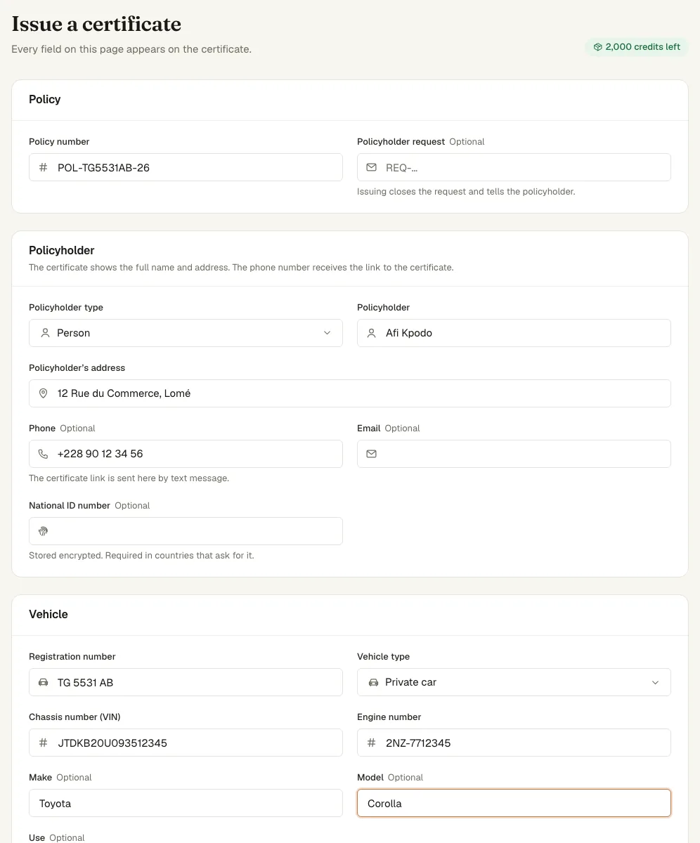 The Issue a certificate form with the policy, policyholder and vehicle sections