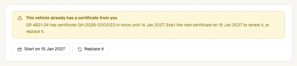 The card that names the certificate in force with the Start on and Replace choices