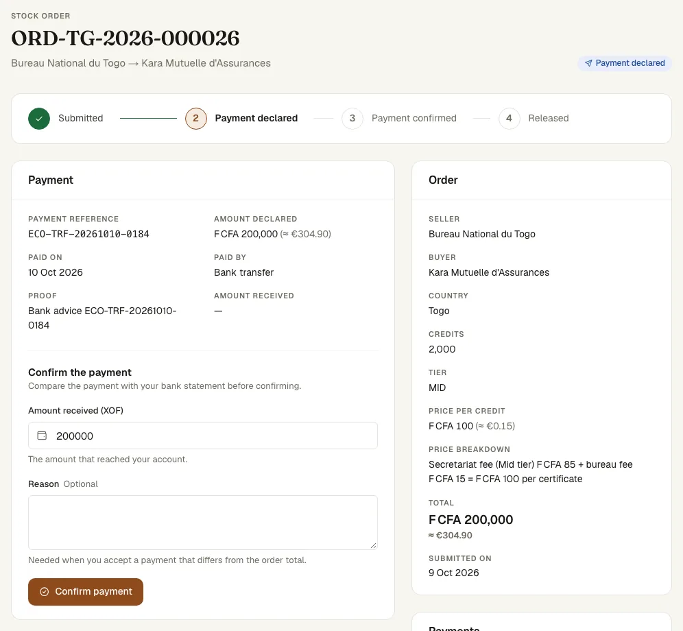An insurer’s order with the declared payment and the Confirm the payment form