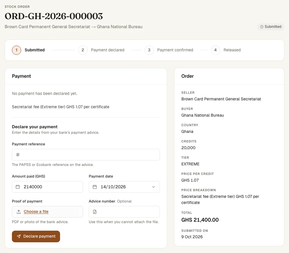 A submitted order with the Declare your payment form beside the order’s details