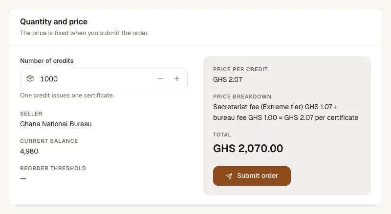 The order form for an insurer with the number of credits, the price breakdown and the total