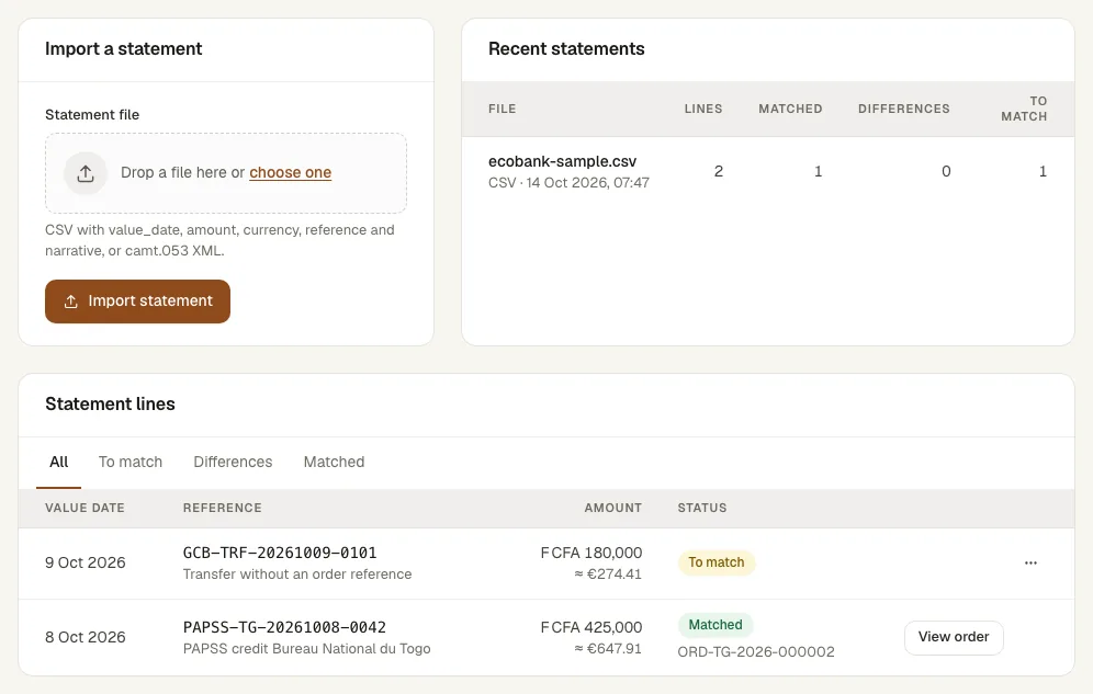 The Payments page with the statement import and the statement lines