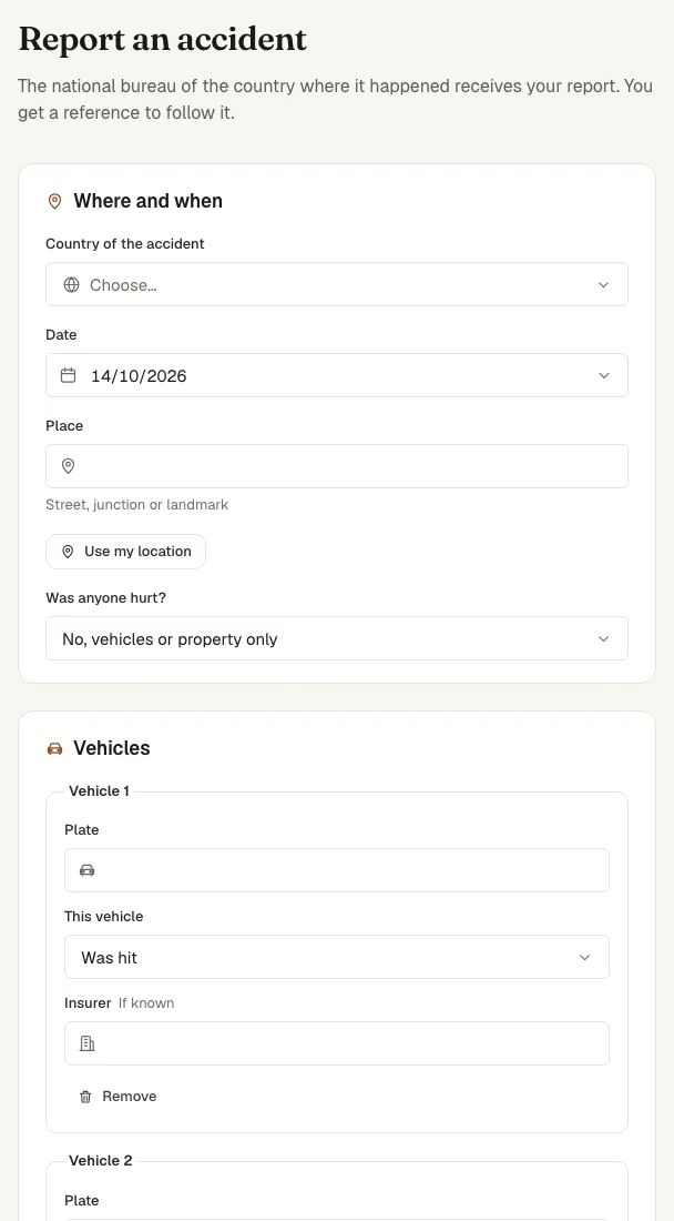 The public accident report form with the place, date and vehicles