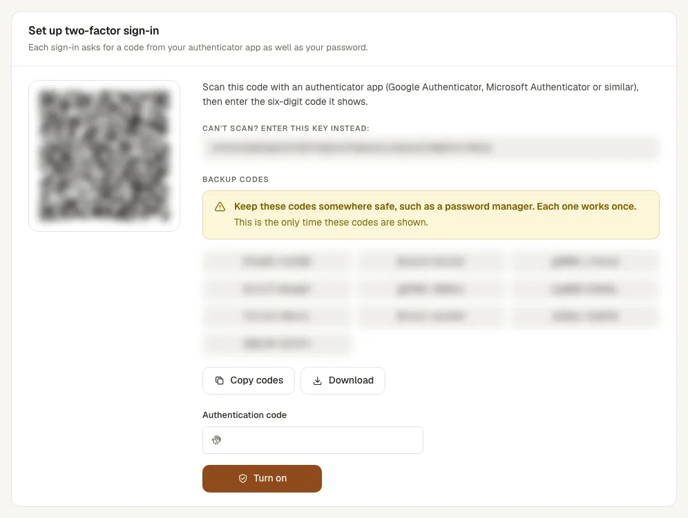 The Security page with the QR code to scan and the field for the six-digit code