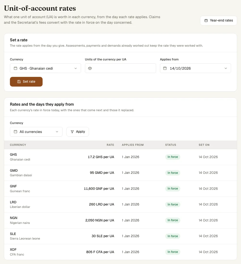 The unit-of-account rates page with the form to set a rate and the rates with the days they apply from