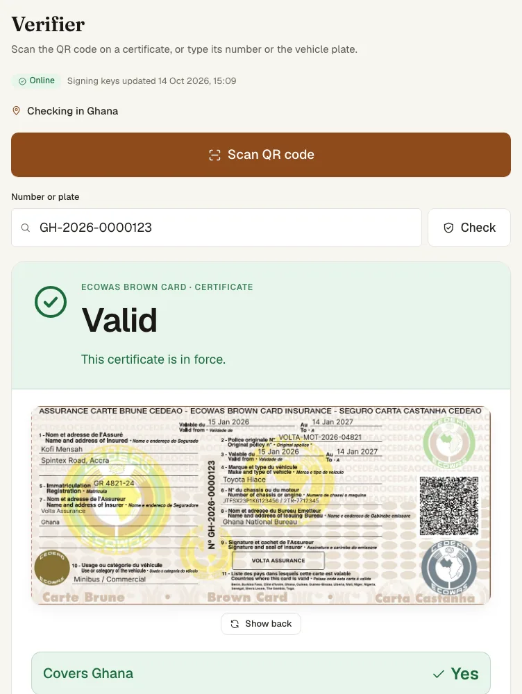 The verifier with the scan button and the number or plate field