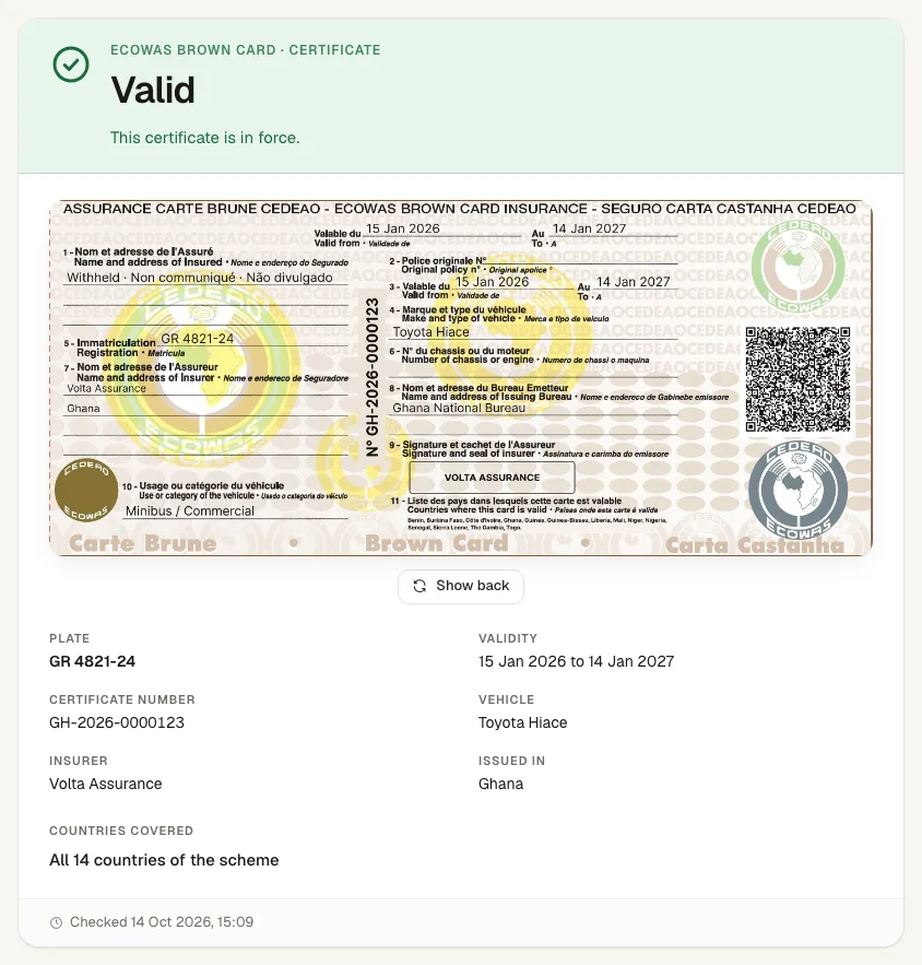 A check result showing a valid certificate with its plate, validity and insurer